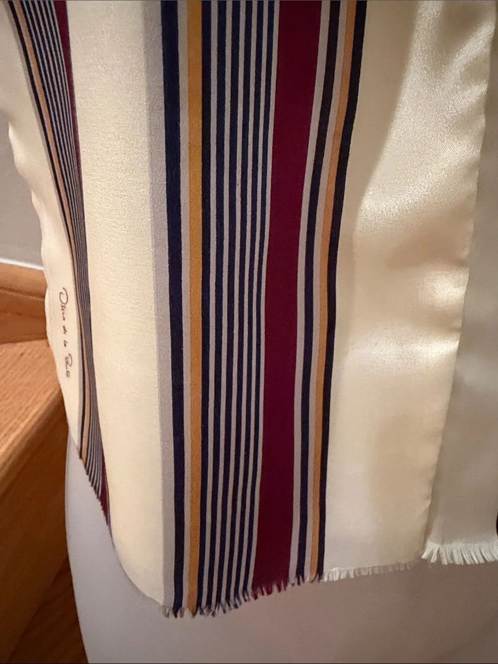 VTG Silk w/Wool lining Striped Opera Double-face Scarf Cream & Burgundy 1970s